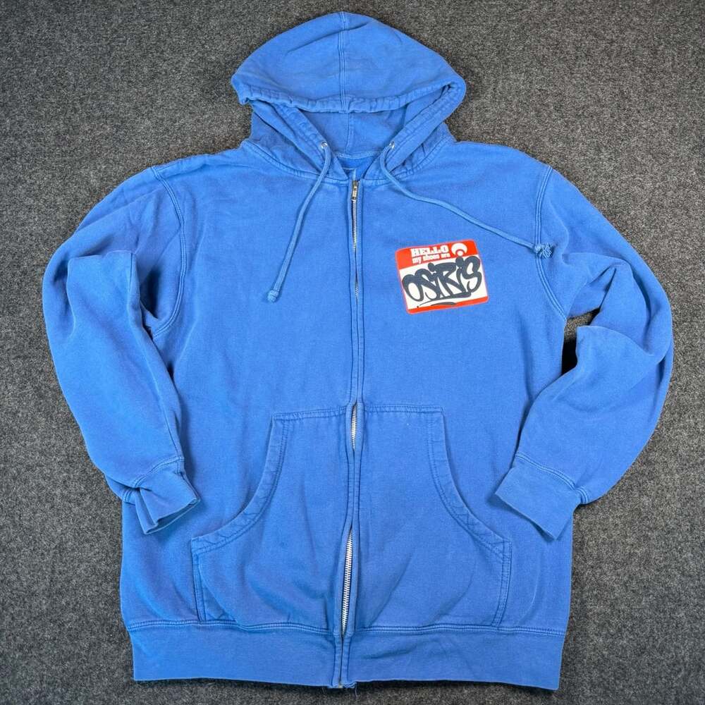 Osiris Y2K Hello My Shoes Are Name Tag Graphic Full Zip Hoodie Blue